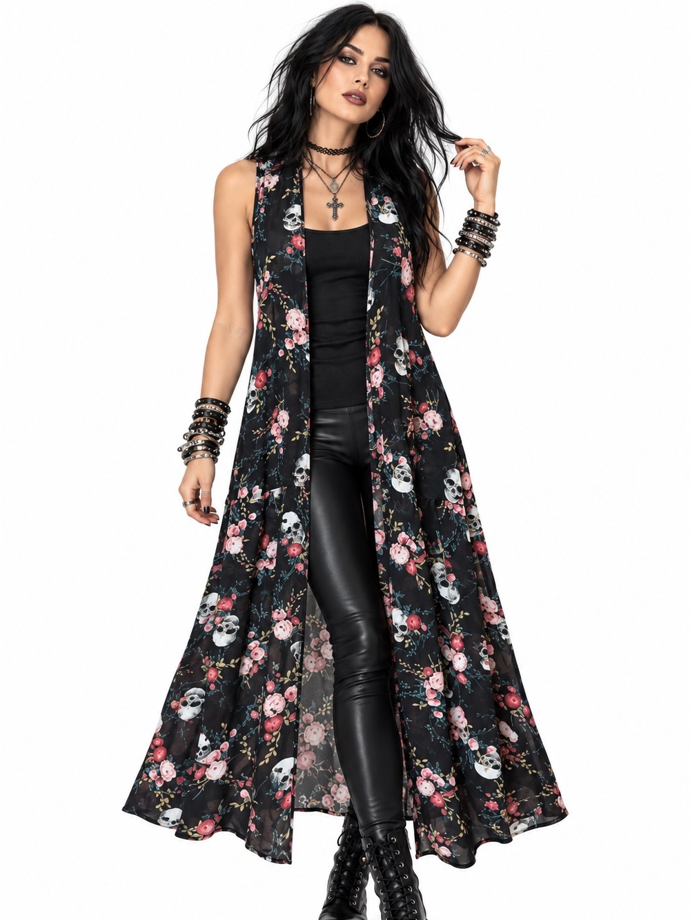 Sleeveless Black Floral Skull Gothic Duster Vest Halloween